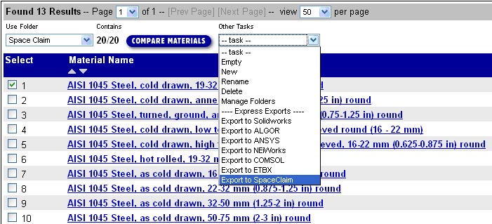 Material Property Data for SpaceClaim software